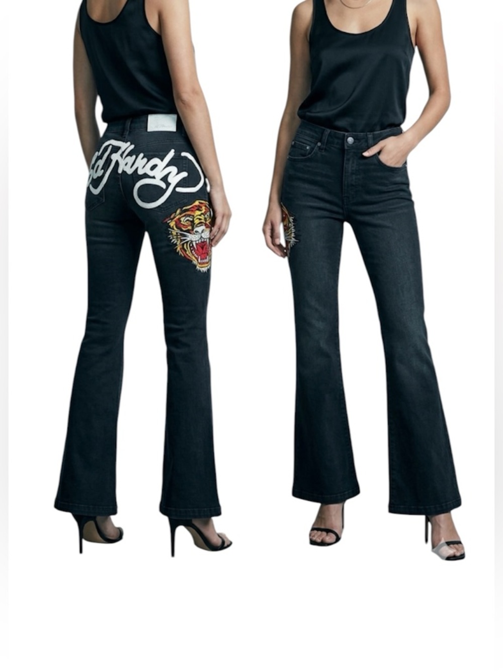 Y2K Ed Hardy Women's Biker Chic Black Denim Tiger head Slim Flare Jean Size: 30